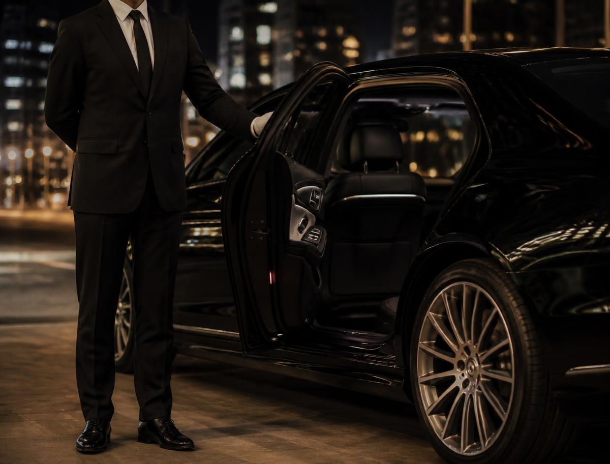 Chauffeur in a black suit holding open the rear door of a black Mercedes S-Class sedan at night
