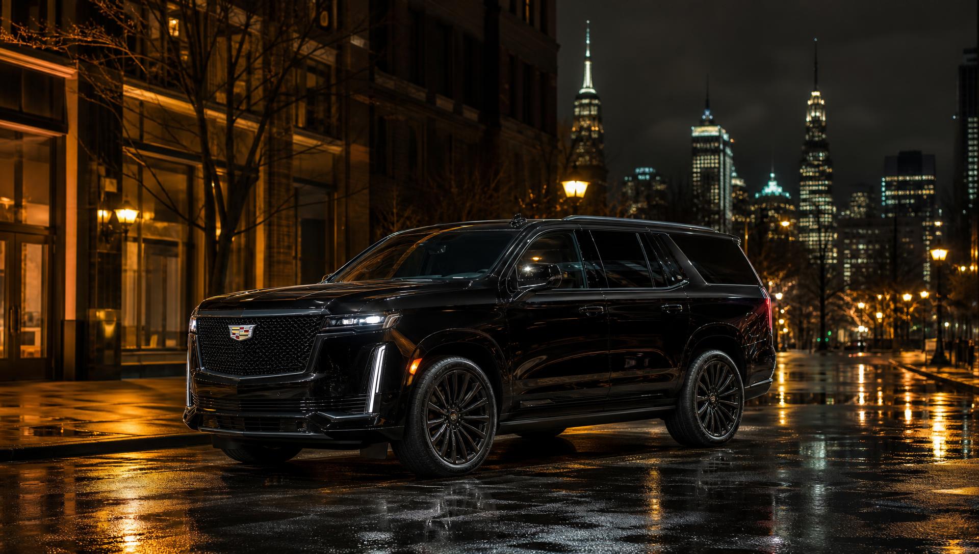 Black 2026 Cadillac Escalade on a rain-slicked Manhattan street at night